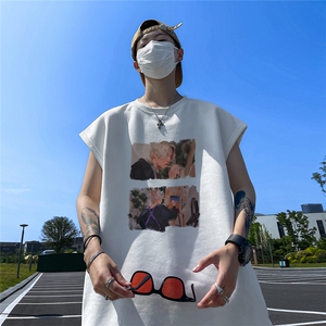 直播品质 德进口直喷印花 美式麂皮绒宽松背心无袖t恤 JP140-25图片