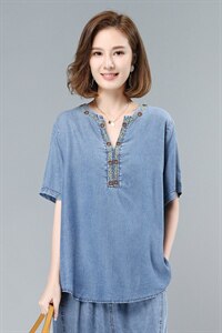 宽松大码显瘦天丝水洗牛仔休闲时尚女时髦洋气图片