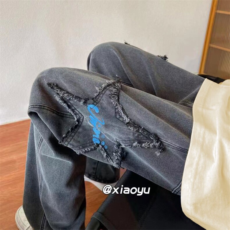 浅蓝色星星牛仔裤男美式高街阔腿休闲裤潮牌宽松直筒百搭垂感长裤图片
