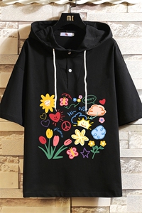 连帽短袖t恤男大码胖子带帽五分袖中袖 砖墙挂拍 LD54319-P45图片