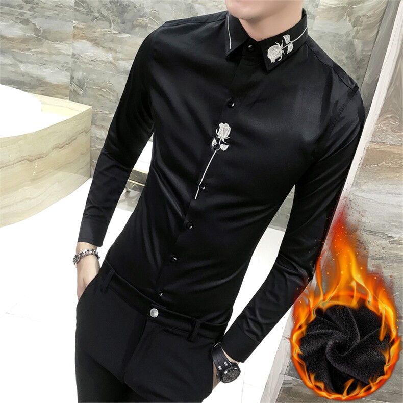 男韩版长袖加绒衬衫修身加厚玫瑰保暖衣夜店厚衬102A,男装衬衫,星座419（原A233）