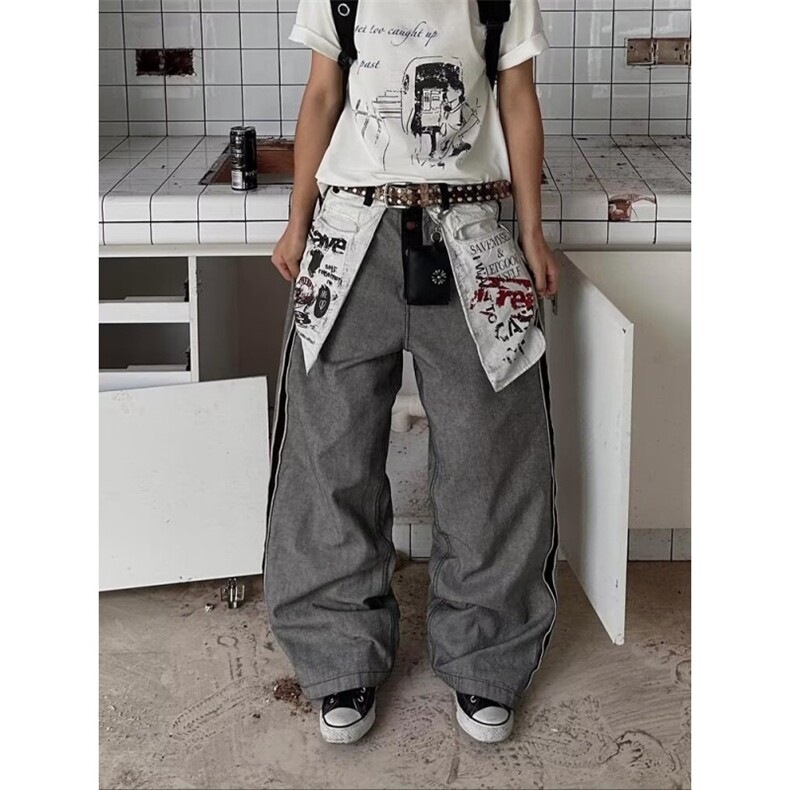 美式复古反穿口袋设计拼接牛仔裤印花男女款通勤小众百搭拖地长裤,男装牛仔裤,星座506A
