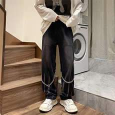 新款日系水洗牛仔裤男春秋季宽松直筒裤拉链阔腿裤N01041-P45，男装牛仔裤，星座308B-1