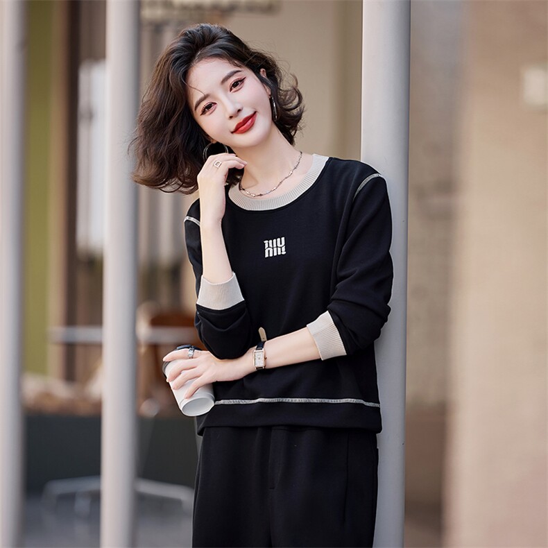 黑色卫衣套装女2024春秋新款百搭撞色刺绣上衣宽松阔腿拖地卫裤,女装卫衣/绒衫,梦懿尔