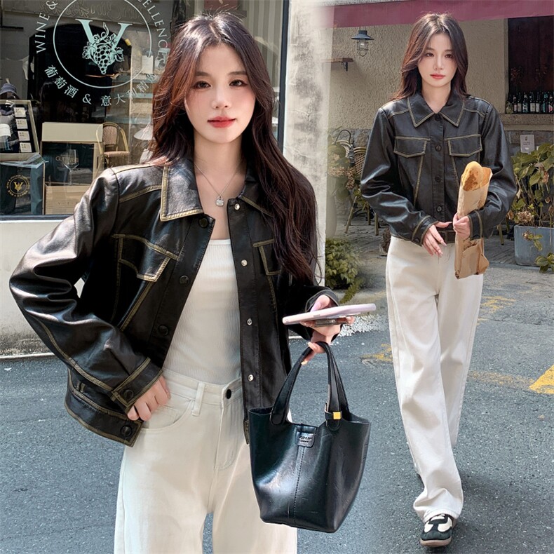 棕色皮衣外套女2025新春新款小个子港风复古皮夹克美拉德机车外套,女装皮衣,韩蜜菓