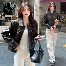 棕色皮衣外套女2025新春新款小个子港风复古皮夹克美拉德机车外套，女装皮衣，韩蜜菓