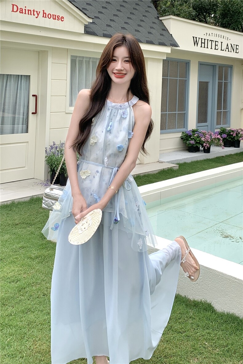 法式浪漫立体花朵网纱拼接挂脖上衣套装2025新款甜美半身裙两件套,女装套装/套裙,2C133
