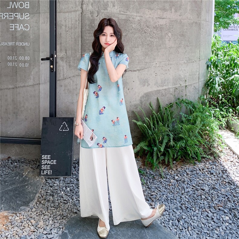 新中式国风百搭套装女夏季2025日系精致印花盘扣上衣阔腿裤两件套，女装套装/套裙，秋水欣儿