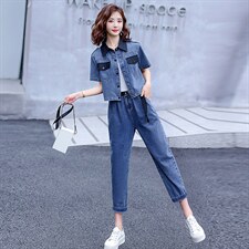 现货，新款韩版撞色宽松休闲牛仔裤两件套工装风休闲减龄显瘦潮女，女装套装/套裙，E百度