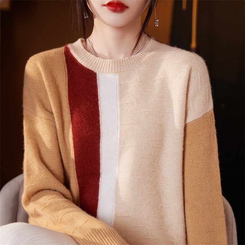 2025秋冬新款拼色圆领100%纯羊毛衫长袖针织毛衣女宽松打底羊绒衫，女装羊毛衫，琳尚羊绒