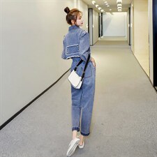 2021年春季新款牛仔连体长裤韩版高腰九分裤，女装休闲裤，秋水欣儿