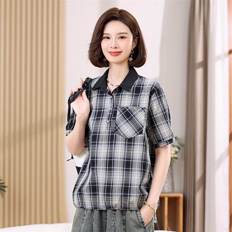 叶笙衣2519衬衣领格子上衣,女装衬衫,叶笙衣