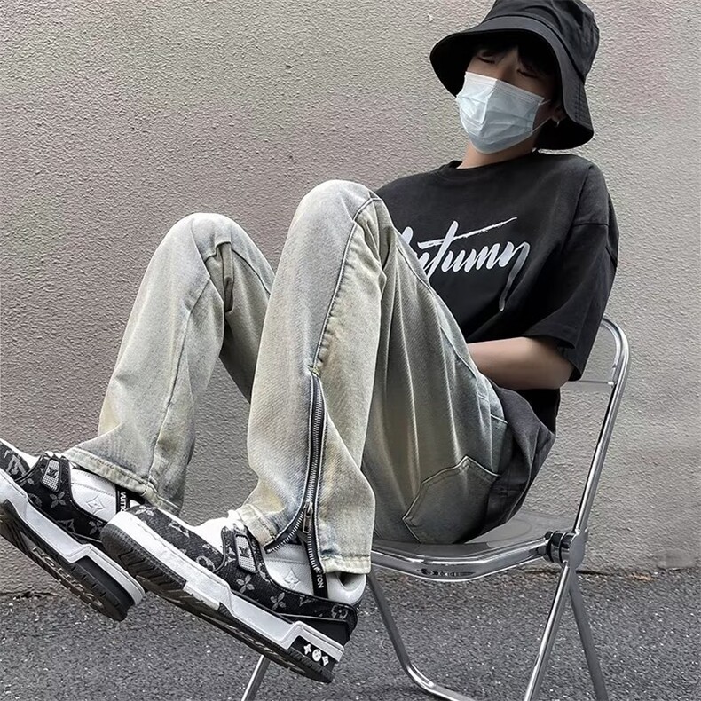 美式高街vibe复古黄泥染拉链开叉牛仔裤男直筒微喇长裤WN679-P40,男装牛仔裤,星座1008-1