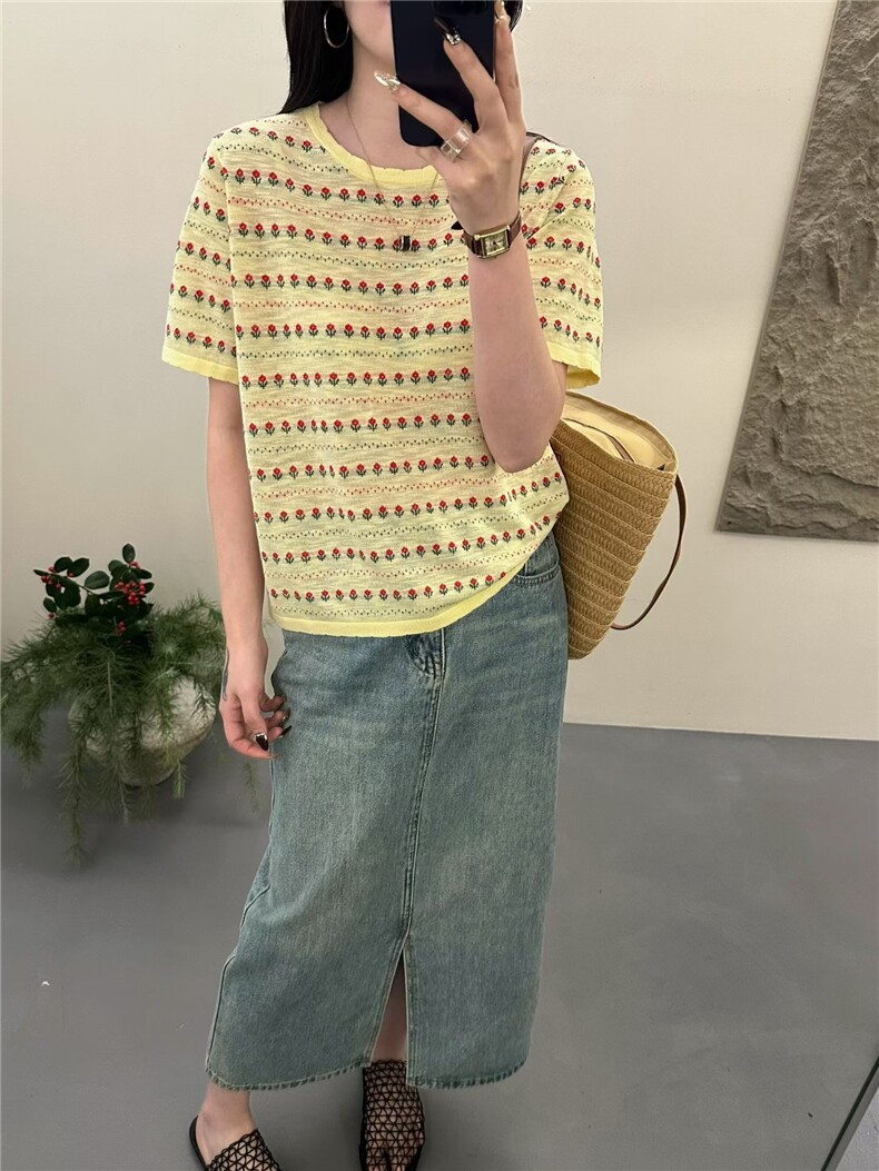 2026年夏季韩系小花园竹节麻圆领短袖,女装T恤,臻纶羊绒