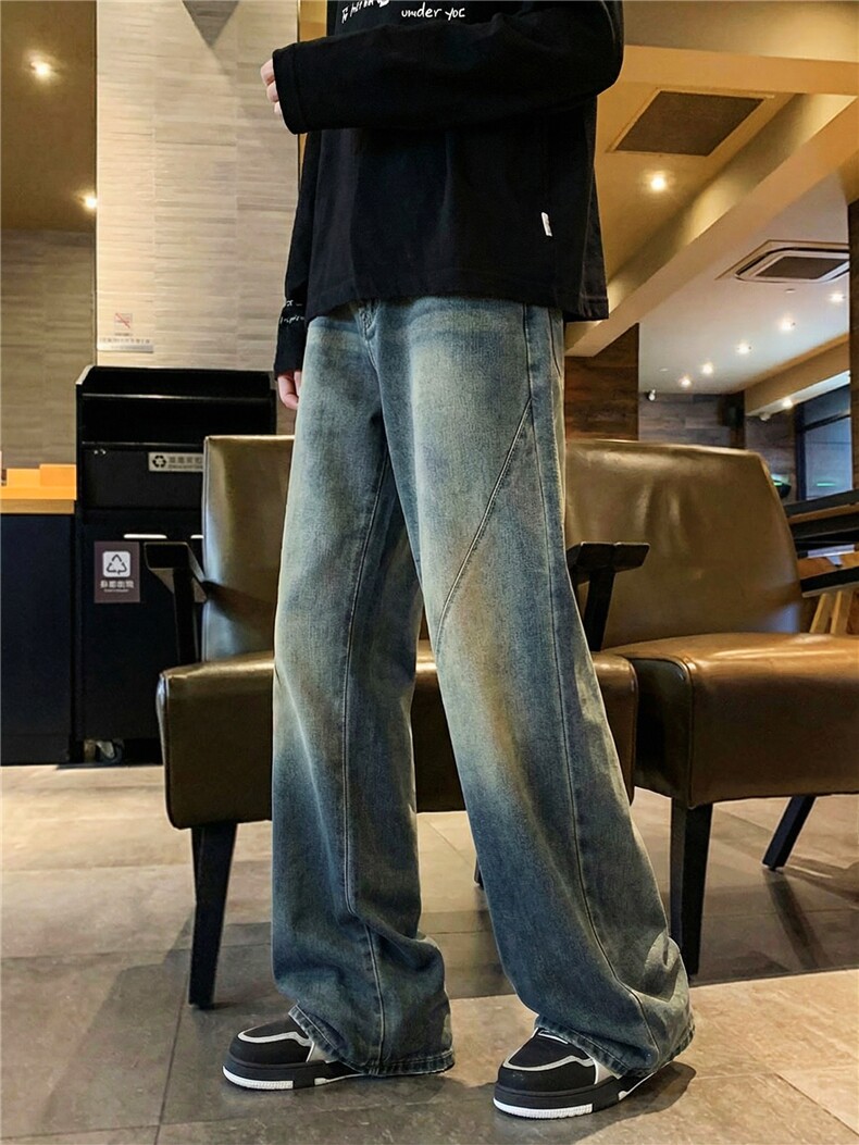 复古水洗做旧直筒宽松牛仔裤男春秋季美式高街潮流长裤痞帅直筒裤图片