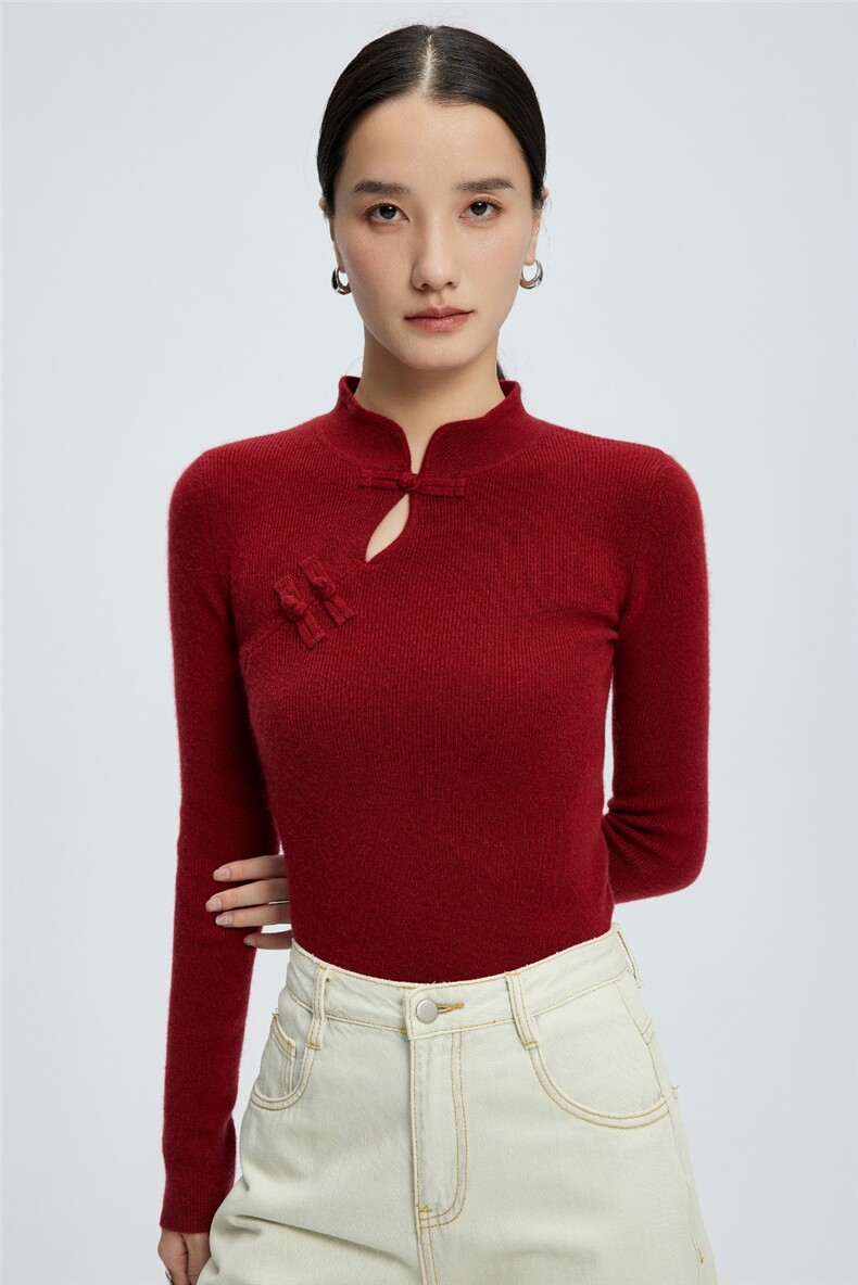新中式水滴领针织衫女秋冬新款半高领修身上衣,针织衫/毛衣,玛卡隆羊绒