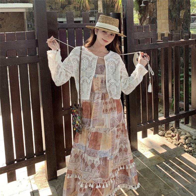 多巴胺穿搭开衫配碎花吊带连衣裙女夏超火松弛感绝美度假长裙套装,女装套装/套裙,2C299