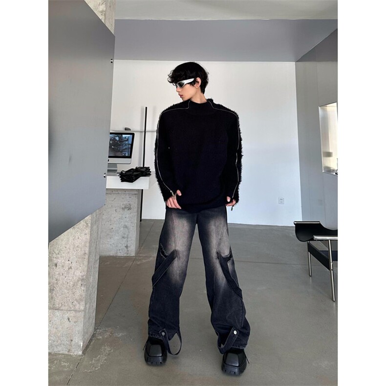 小众解构双头金属拉链设计感毛衣纯色毛绒宽松针织毛衫男B09,男装针织衫/毛衣,星座1116A（原606A-3）
