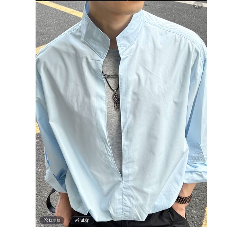 抖音假两件双层设计小众防嗮长袖衬衫男CS895-P55(网图参考),男装衬衫,电商B267