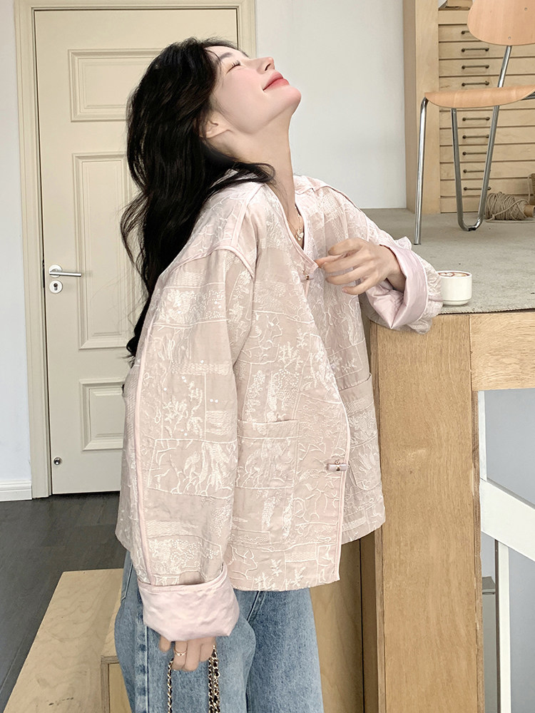 粉色新中式国风外套女2025春季新款超好看减龄小个子休闲短款上衣,女装短外套,秋水欣儿