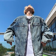 美式复古做旧水洗拼接牛仔外套潮牌金属设计感无领夹克男JK10/P80，男装工装外套，星座506
