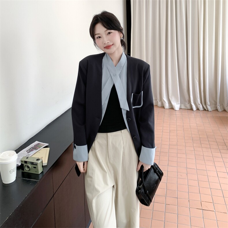 通勤拼接假两件短款西服上衣女春秋超火好看高级小众职业西装外套，女装西装，韩蜜菓