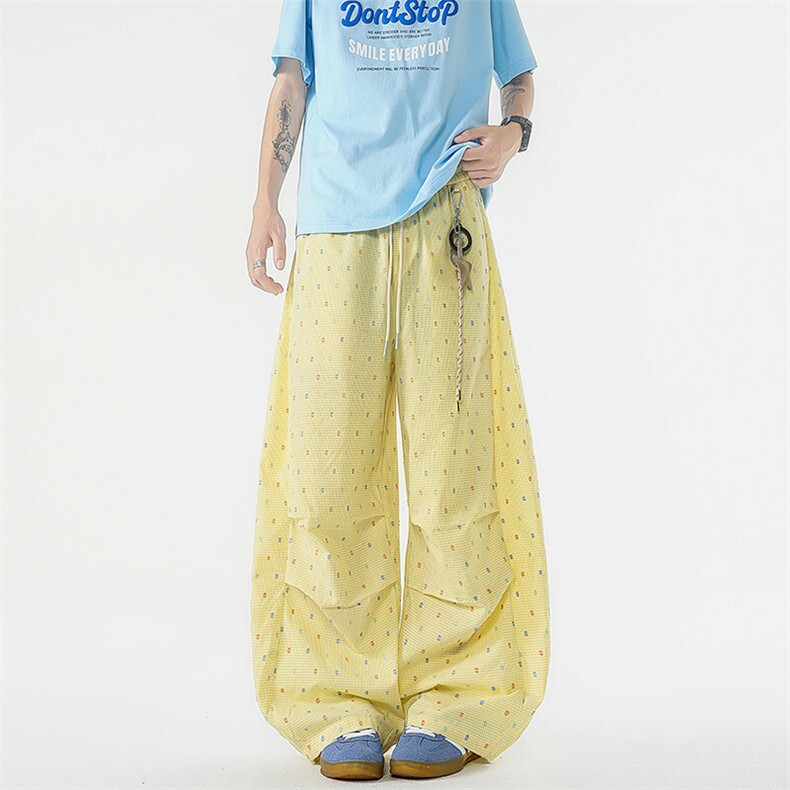 8XL-M波点黄色裤休闲裤美式潮牌褶皱阔腿裤垂感直筒裤男K9159P58,男装休闲裤,电商D206-1