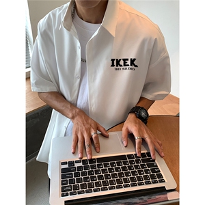 EQ59*港风夏季潮流冰丝衬衫男字母简约印花短袖衬衣宽松韩范百搭,男装衬衫,电商C306-1
