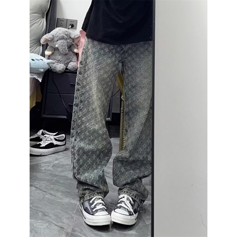 1506-1/KK66031/P42蓝提花满印牛仔裤男夏季潮牌设计感小众直筒裤,男装牛仔裤,星座1506-1