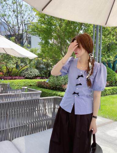 麻料小蝴蝶结上衣，女装，新袖