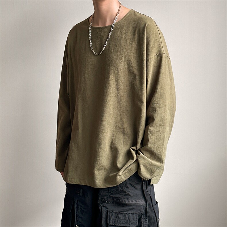 现货-棉麻T恤男新款质感长袖舒适大领口上衣AT2489-P40控88,男装T恤,电商A351