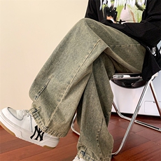港风秋款男牛仔裤阔腿直筒宽松拼接款渐变色长裤NK6098P45，男装牛仔裤，星座1013-1