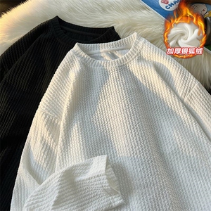 纹理感460g重磅加厚银狐绒圆领长袖T恤男T1746J加绒-特P40控78图片