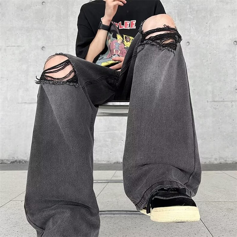 牛仔裤破洞设计感直筒长裤宽松阔腿裤美式复古辣妹裤子RK836-P41,男装牛仔裤,星座412-3
