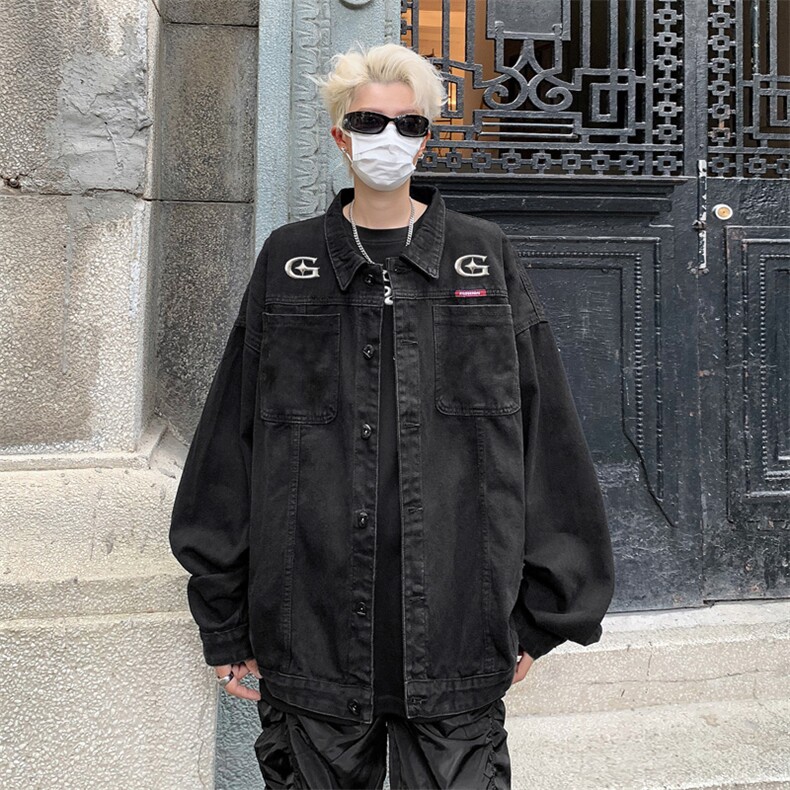 男装牛仔外套2026秋几何图案印花男生翻领夹克XZ514-2-N108-P88,男装工装外套,星座514-2(原B239)