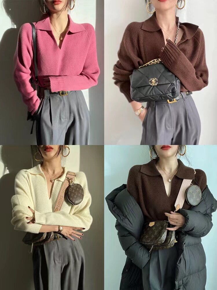 复古POLO领套头女休闲显瘦翻领毛衣秋冬内搭打底,针织衫/毛衣,半城羊绒