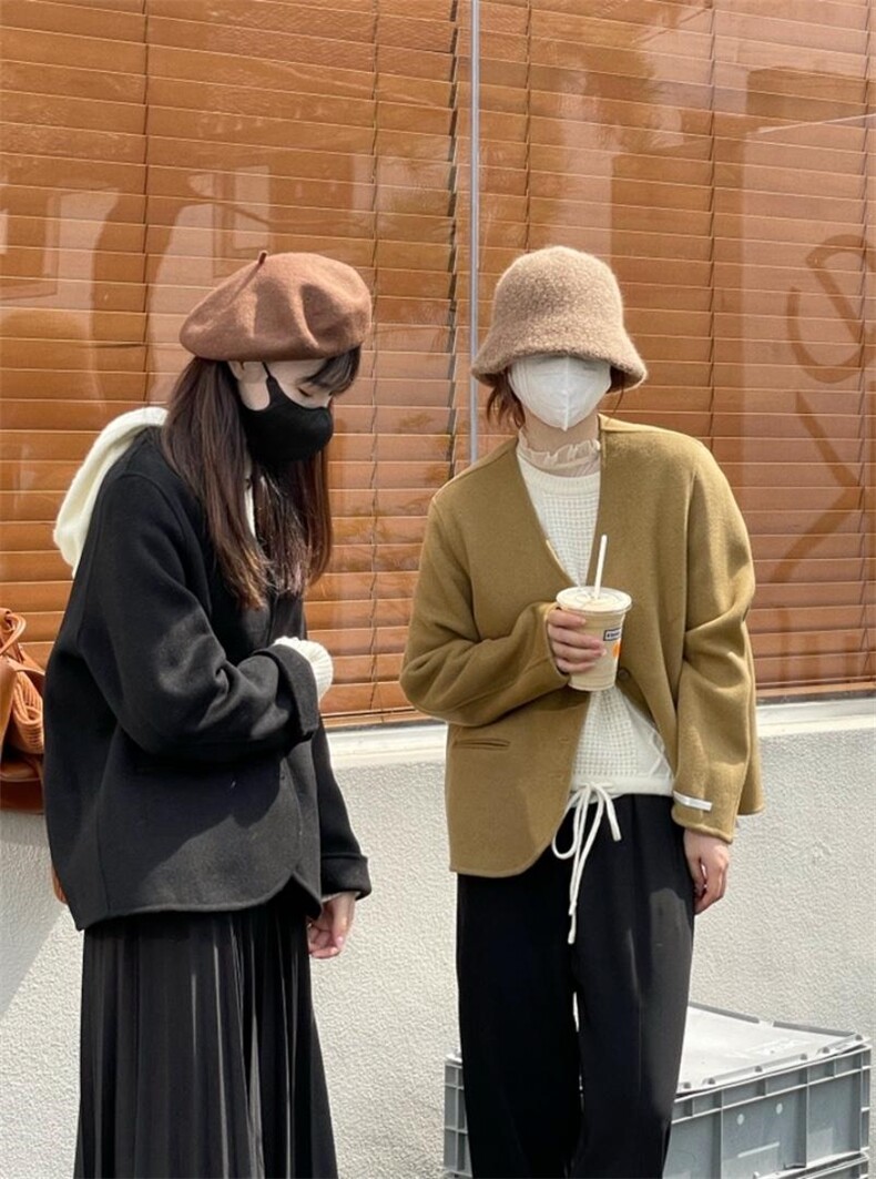 秋冬新款短款小v领排扣韩系简约羊绒大衣，其它，HJ