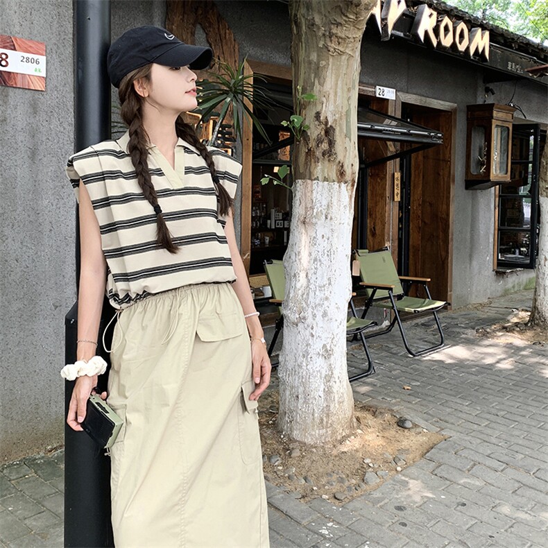 韩系休闲工装套装裙女夏季2025年新款卡其色条纹上衣半身裙两件套,女装套装/套裙,维壹
