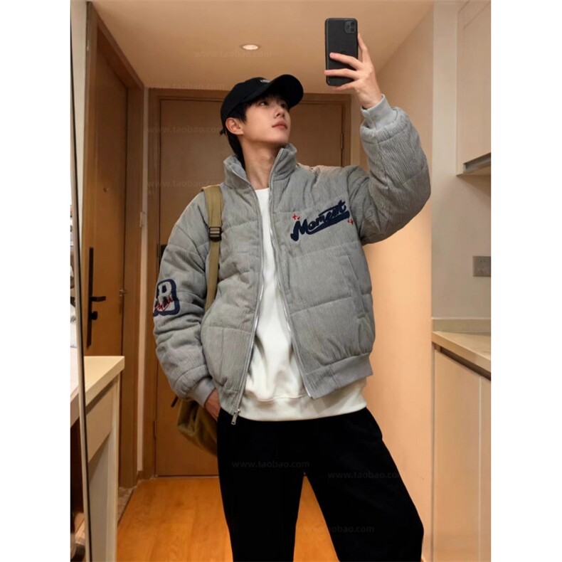 美式高街复古灯芯绒冬季刺绣立领棉服男女潮牌宽松面包服情侣外套,男装棉衣,星座506A