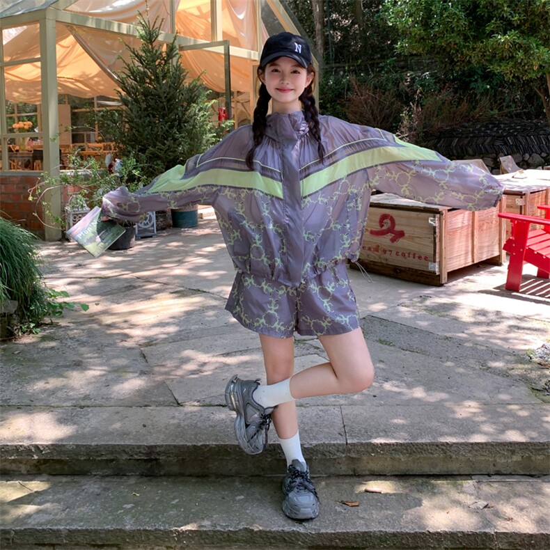 2026夏新款轻薄连帽印花防晒衣服外套装女两件套182A8658P145K218,女装防晒衣,浙宝182A