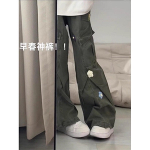 港风日系复古刺绣大口袋工装裤早春炸街高腰阔腿休闲裤ZK3886-P75,胯大屁股大怎么穿衣搭配图片
