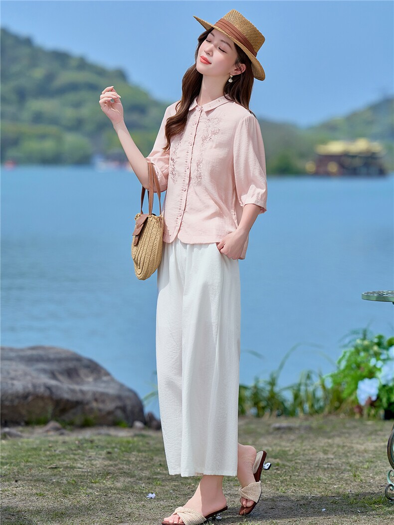现货！现货！2026夏季新款时尚刺绣短袖上衣阔腿裤两件套,女装套装/套裙,以桐