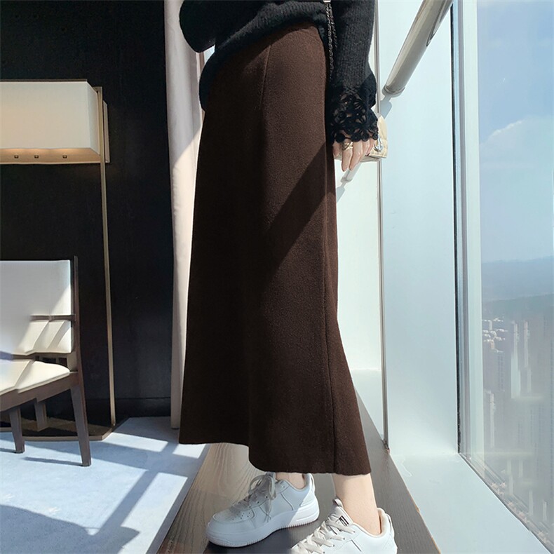 针织半身裙女秋冬中长款包臀开叉a字裙高腰毛线宽松加厚直筒裙子，女装半身裙，暖烁羊绒