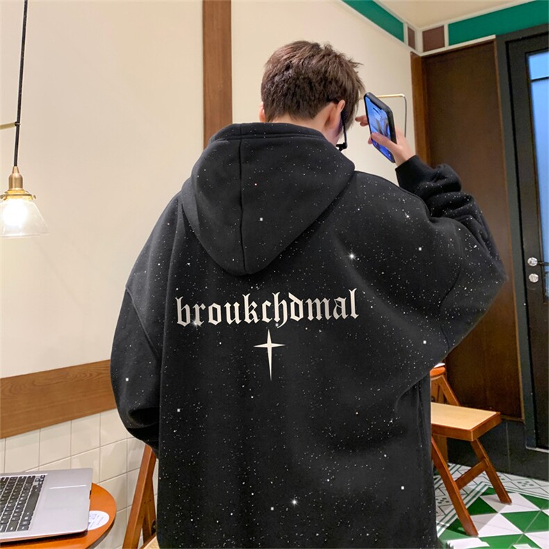 酒红色重磅卫衣男春秋满天星亮片连帽外套设计感潮牌痞帅大码上衣，男装卫衣，星座508（原C305）