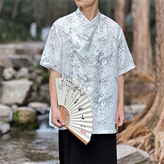 24夏季新款棉麻竹叶提花水墨系盘扣短袖上衣CS35-P65，男装T恤，电商A021