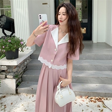 粉色氛围感时尚套装裙女2025夏新款蕾丝拼接上衣高腰半身裙两件套，女装套装/套裙，2C323