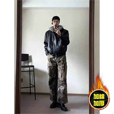 现货冬季美式潮牌痞帅PU皮机车服棉衣毛毛绒狼王座山雕皮棉服，男装棉衣，电商A486-1