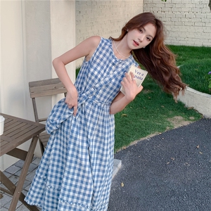 2025夏季新款韩系甜美收腰显瘦背心裙女复古文艺格子设计感连衣裙图片
