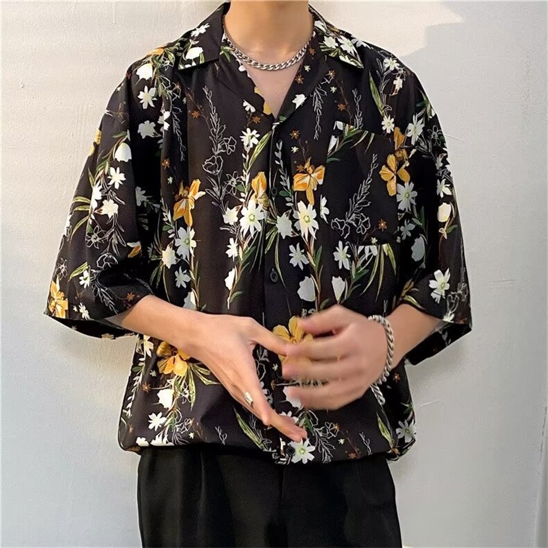 花衬衫男女五分袖韩版潮流夏季新款雪纺印花翻领上衣CS01317-P33,男装衬衫,星座308B-1