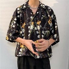 花衬衫男女五分袖韩版潮流夏季新款雪纺印花翻领上衣CS01317-P33，男装衬衫，星座308B-1